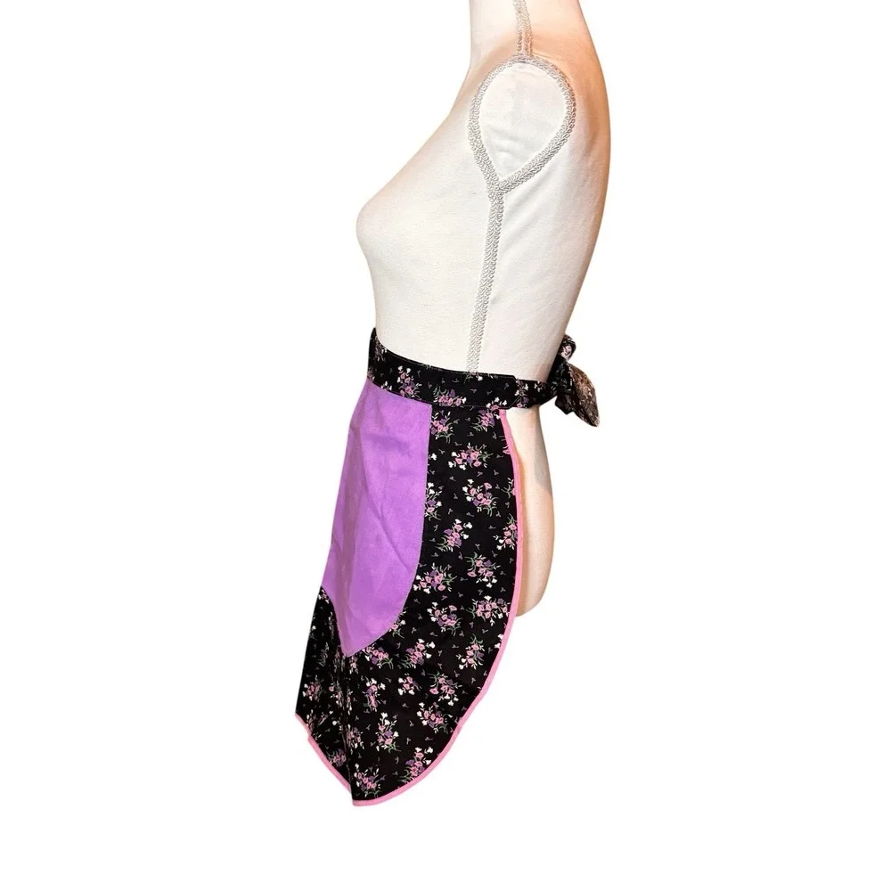 Vintage Handmade Purple Floral Ruffle Half Apron Black  Retro Cottagecore